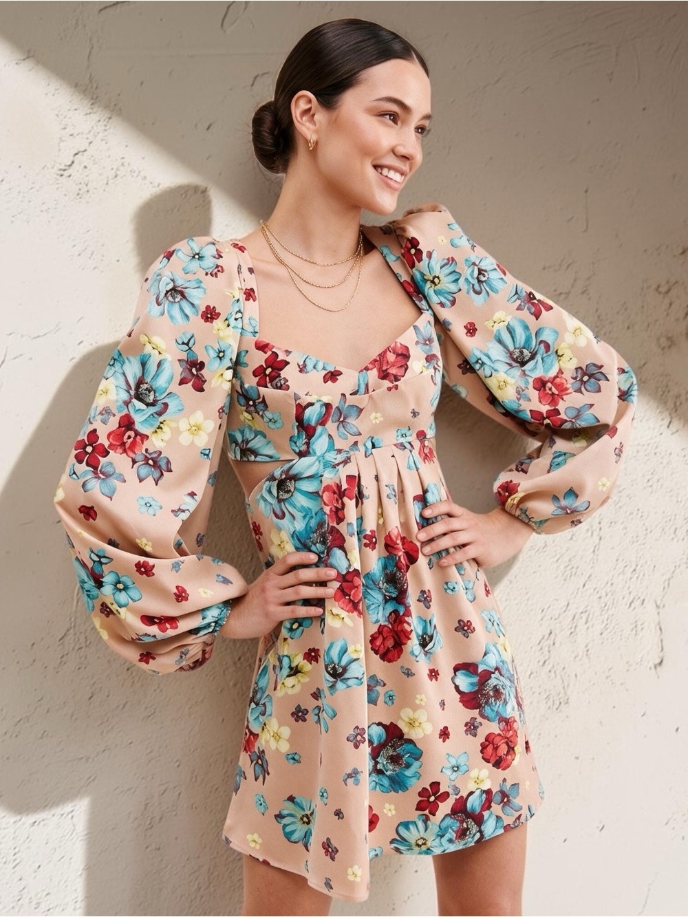 AFRM Anita Sweetheart Cutout Mini Dress NWT Aqua Floral Long Sleeve Party Sz S
